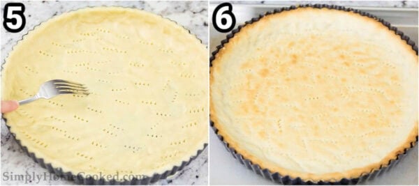 Steps to make a Bakewell Tart: form the dough into a tart pan and poke it with a fork before baking.