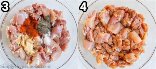 Steps to make Bang Bang Chicken Skewers: cube the chicken and combine it with oil, salt, pepper, paprika, and garlic powder.
