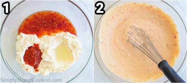 Steps to make Bang Bang Chicken Skewers: whisk the mayo, sweet chili sauce, sriracha, and lime juice together.