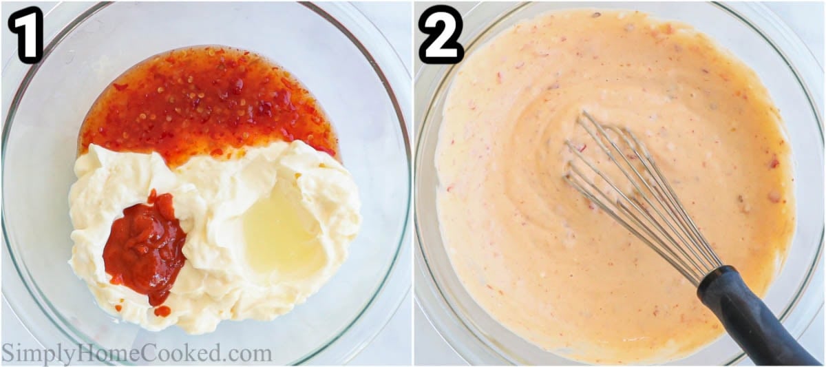 Steps to make Bang Bang Chicken Skewers: whisk the mayo, sweet chili sauce, sriracha, and lime juice together. 