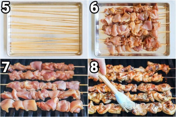 Steps to make Bang Bang Chicken Skewers: soak the skewers, skewer the chicken, then grill it and brush the bang bang sauce on top.
