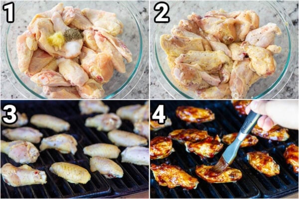Steps to make BBQ Chicken Wings: marinate the wings with salt, pepper, and minced garlic, then grill them and brush with bbq sauce.