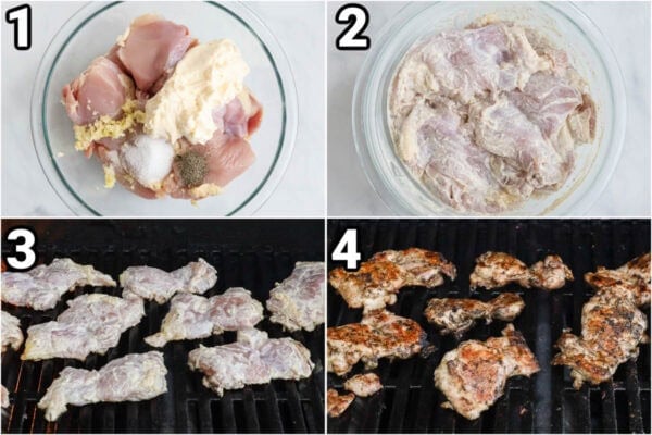 Steps to make BBQ Chicken Thighs: marinate the chicken thighs in mayonnaise, garlic, salt, and pepper, then grill them on both sides.