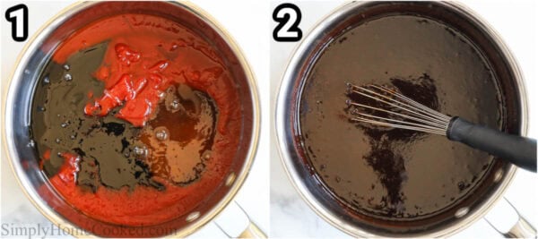 Steps to make BBQ Sauce: combine ketchup, honey, molasses, and liquid smoke, stir with a whisk, and simmer.