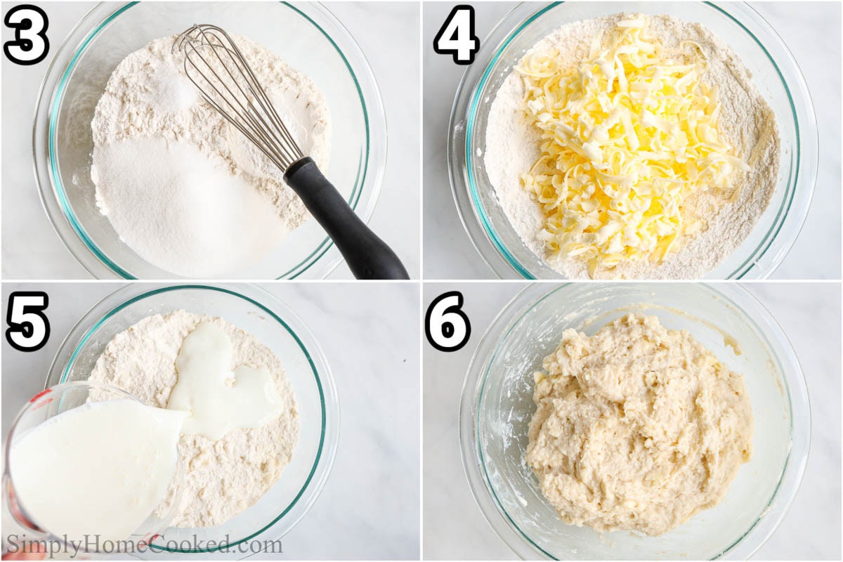 Steps to make Blueberry Cobbler: sift the flour, baking powder, salt, and sugar together, then add shredded butter, then buttermilk, and mix until scoopable. 