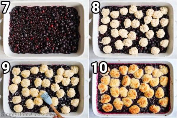 Steps to make Blueberry Cobbler: pour the berry mixture into the baking dish, scoop the biscuit dough on top, then brush on melted butter and sprinkle coarse sugar, and bake.