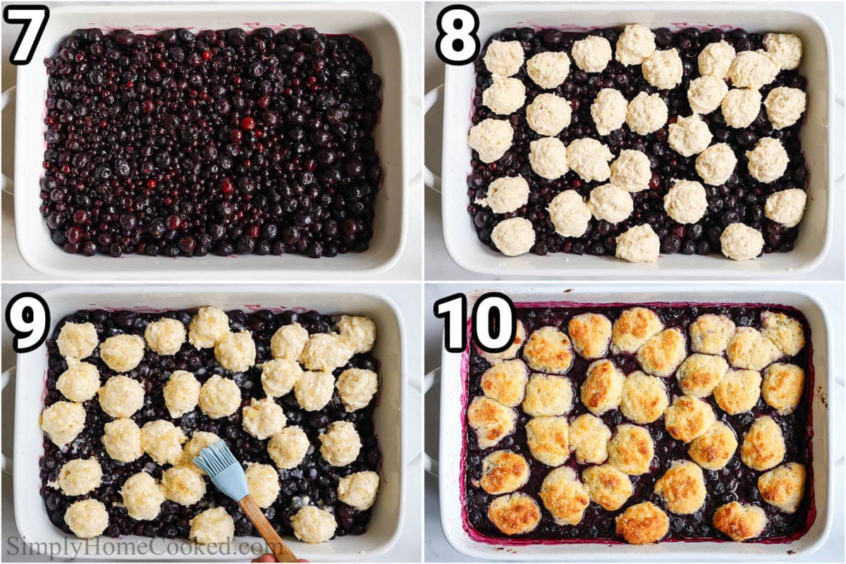 Steps to make Blueberry Cobbler: pour the berry mixture into the baking dish, scoop the biscuit dough on top, then brush on melted butter and sprinkle coarse sugar, and bake.