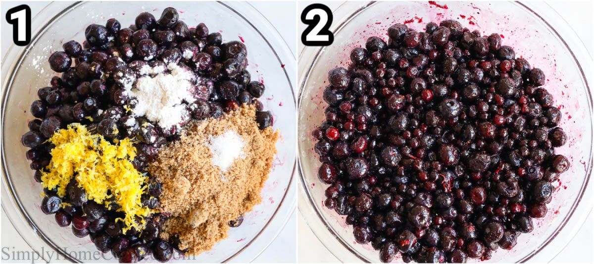 Steps to make Blueberry Cobbler: mix together the blueberries, brown sugar, salt, cornstarch, lemon zest, and lemon juice in a large bowl.