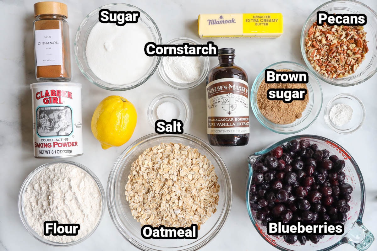 Ingredients for a Blueberry Crisp: blueberries, brown  sugar, pecans, butter, vanilla extract, cornstarch, salt, sugar, lemon, cinnamon, baking powder, flour, and oatmeal. 