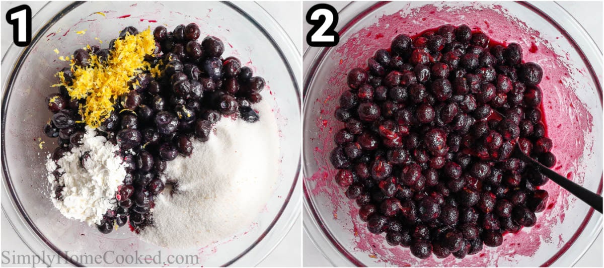 Steps to make a Blueberry Crisp: mix the blueberries, lemon juice, lemon zest, sugar, and cornstarch together with a spoon in a bowl. 