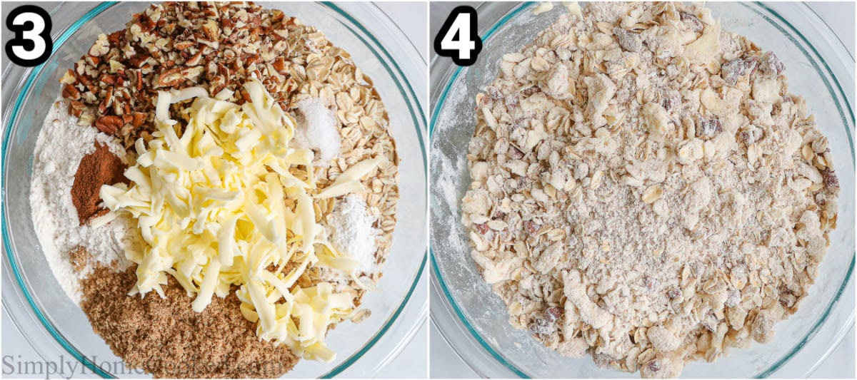 Steps to make a Blueberry Crisp: combine the shredded butter, oats, chopped pecans, cinnamon, flour, baking powder, vanilla extract, brown sugar, and salt in a bowl.