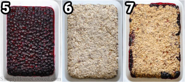 Steps to make a Blueberry Crisp: add the blueberry mixture to the baking dish, then top with the pecan and oat mix, and bake.