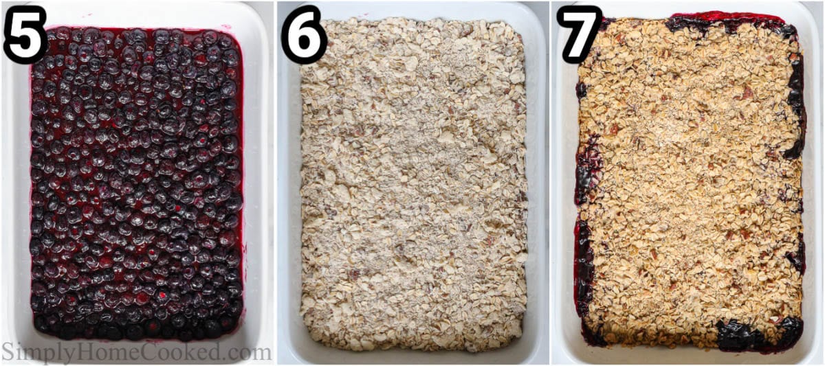 Steps to make a Blueberry Crisp: add the blueberry mixture to the baking dish, then top with the pecan and oat mix, and bake. 