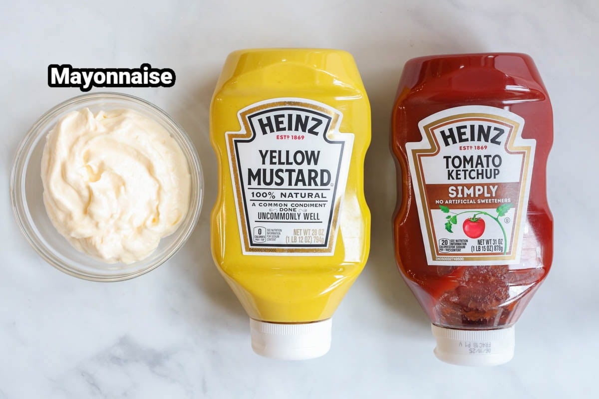 Ingredients for Burger Sauce: may, mustard, and ketchup.