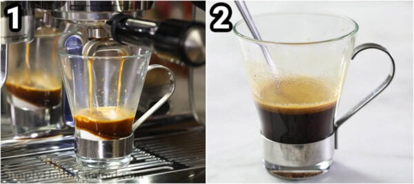 Steps to make Caramel Frappuccino: mix the sugar and white chocolate powder together, then stir in the espresso.