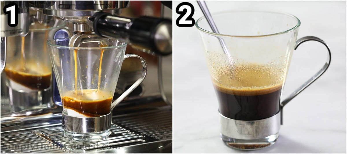 Steps to make Caramel Frappuccino: mix the sugar and white chocolate powder together, then stir in the espresso. 