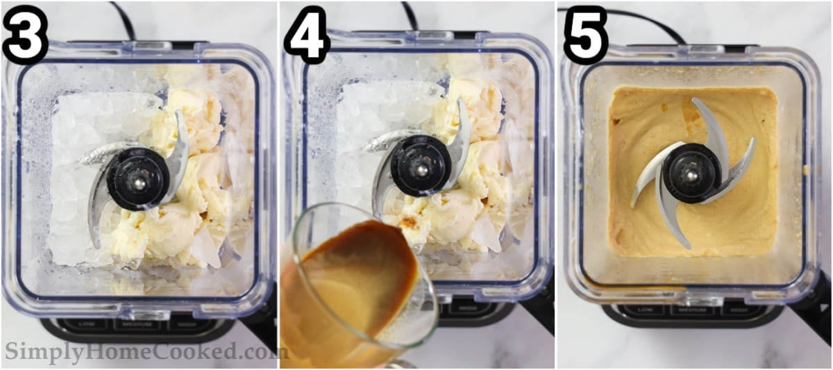 Steps to make Caramel Frappuccino: add the ice, ice cream, and espresso to a blender and blend. Then top with whipped cream and caramel sauce in a glass.