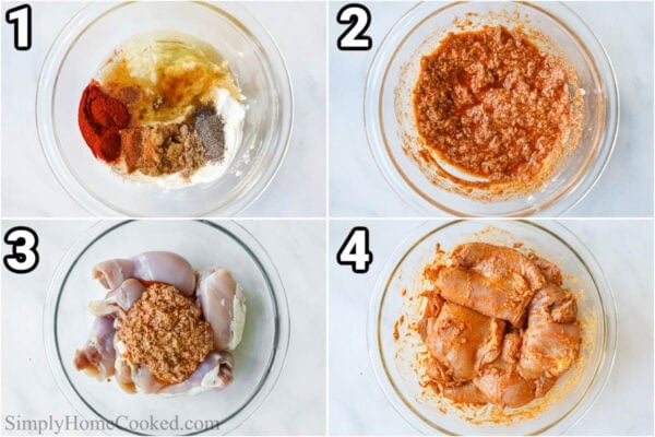 Steps to make Chicken Shawarma Bowls: Add salt, olive oil, pepper, cumin, paprika, coriander, cayenne pepper, garlic, and Greek yogurt to a bowl, mix in the chicken, and marinate.