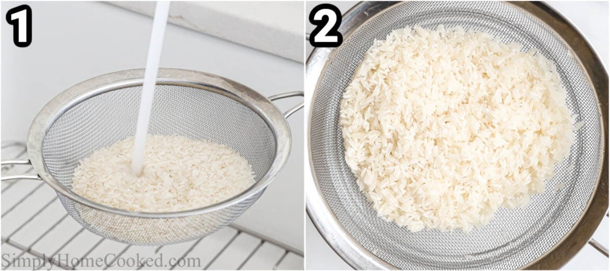 Steps to make Cilantro Lime Rice: rinse the rice and drain it in a sieve.