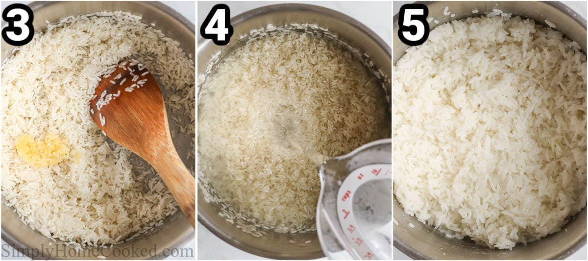 Steps to make Cilantro Lime Rice: add oil and garlic, then water and cook the rice, letting it rest.