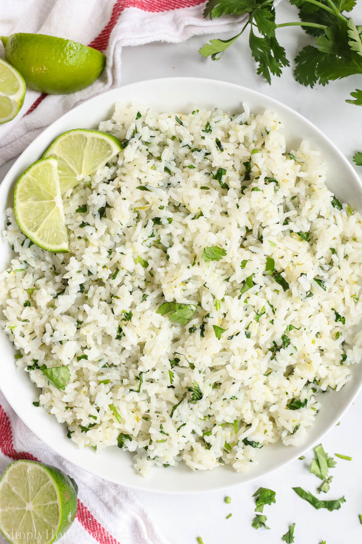 Cilantro Lime Rice in a bowl with lime slices. 