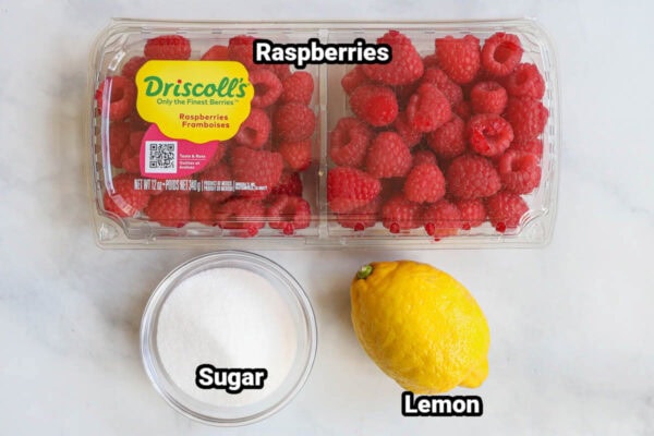 Ingredients for Raspberry Coulis: raspberries, lemon, and sugar.