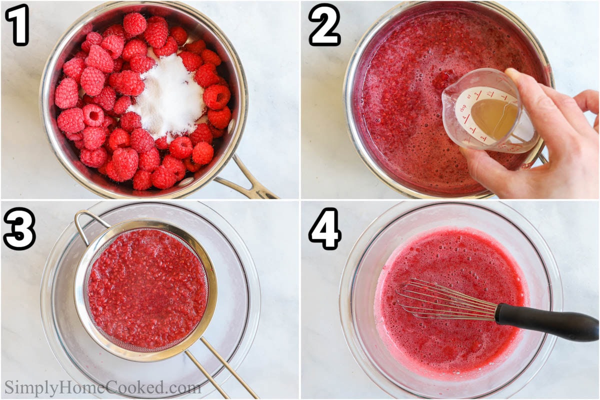 Steps to make Raspberry Coulis: combine the raspberries and sugar, then cook it, add the lemon juice, strain it, and let it cool.