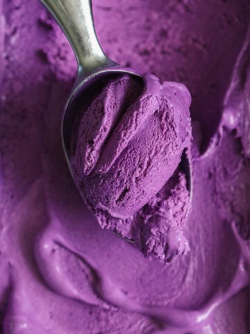 Close up of Ube Ice Cream being scooped.