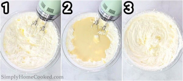 Steps to make Ube Ice Cream: whip the cream into stiff peaks and then mix in the condensed milk.