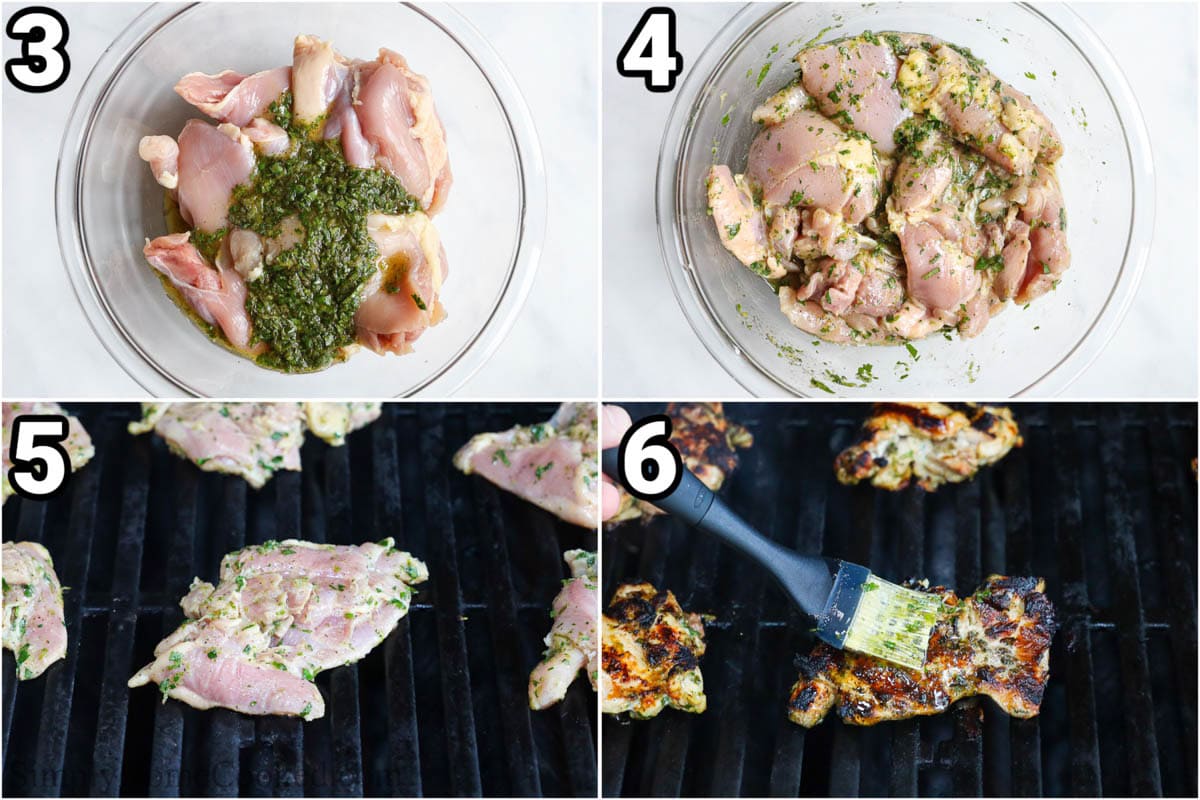 Steps to make Cilantro Lime Chicken: mix the chicken with the marinade, then grill the chicken, and brush extra marinade over it. 