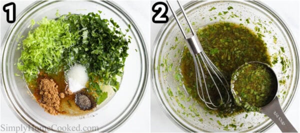 Steps to make Cilantro Lime Chicken: whisk the lime zest, lime juice, cilantro, olive oil, honey, cumin, salt, and pepper together.