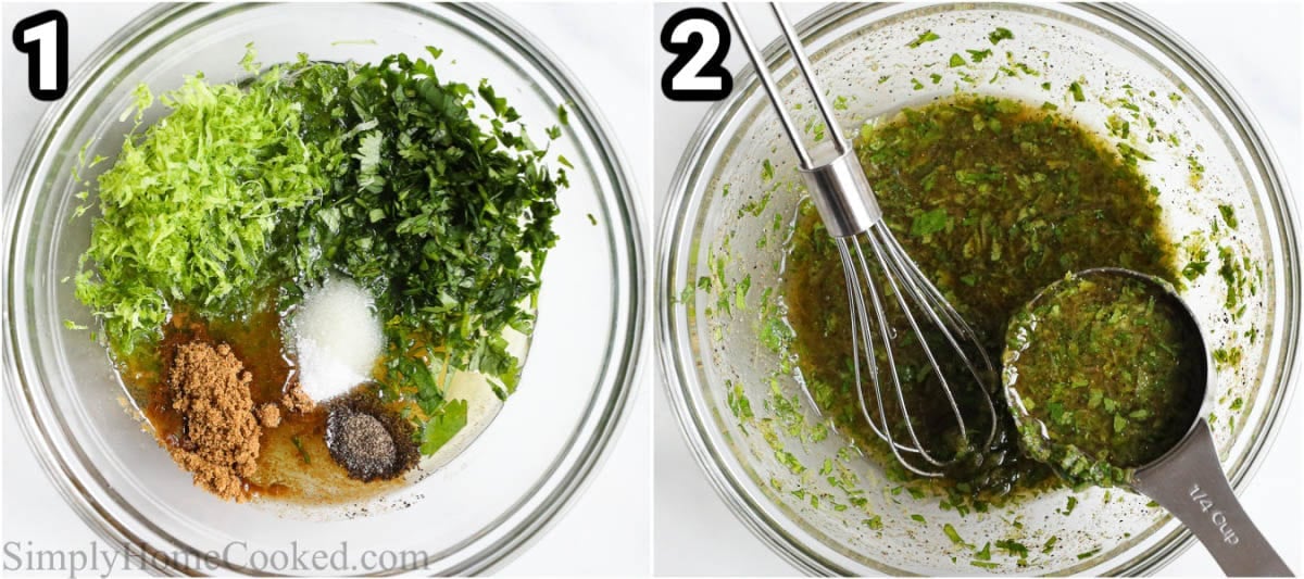 Steps to make Cilantro Lime Chicken: whisk the lime zest, lime juice, cilantro, olive oil, honey, cumin, salt, and pepper together.