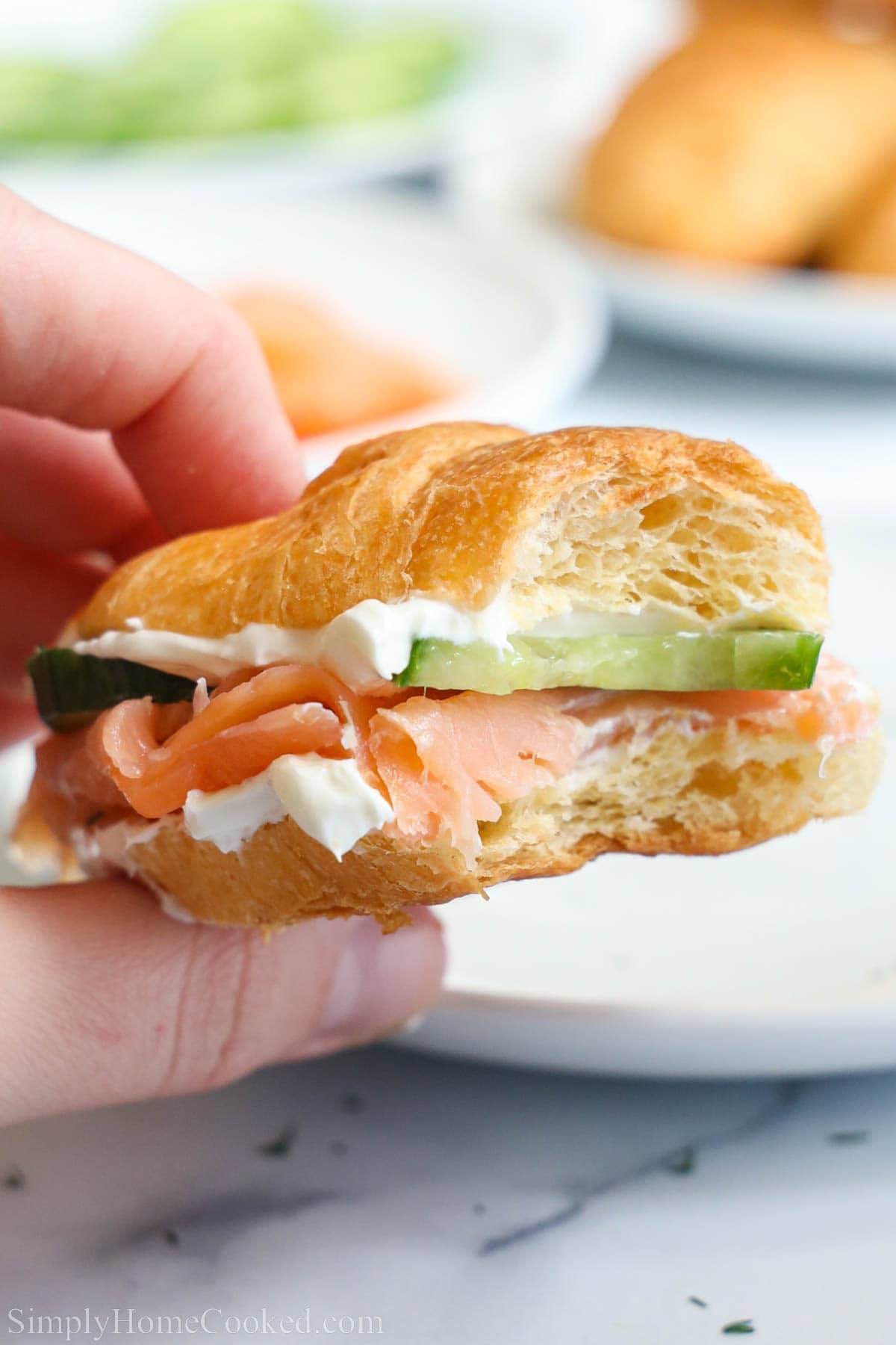 Hand holding a Smoked Salmon Sandwich missing a bite.