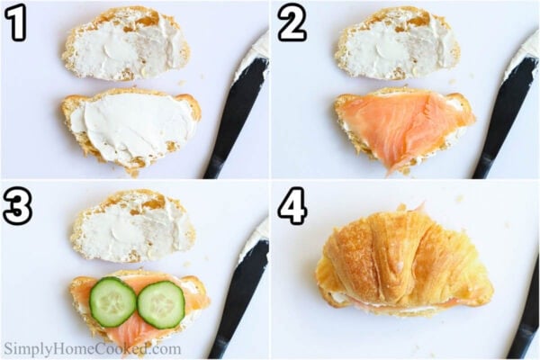 Steps to make a Smoked Salmon Sandwich: spread cream cheese on both sides of the croissant, then top it with smoked salmon and cucumber slices, then put the other croissant half on top.