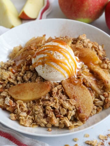 Close up of Apple Crisp missing a piece.
