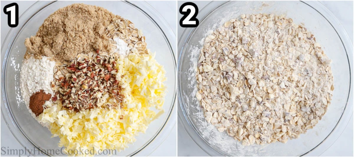 Steps to make an Apple Crisp: add the flour, oats, baking powder, cinnamon, salt, brown sugar, chopped pecans, vanilla, and cold grated butter to a large bowl and mix.