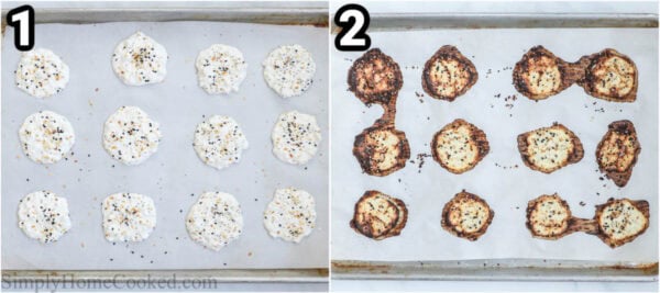 Steps to make Cottage Cheese Chips: dollop the cottage cheese on a parchment lined baking sheet, flatten it, then add bagel seasoning, and bake until golden brown.