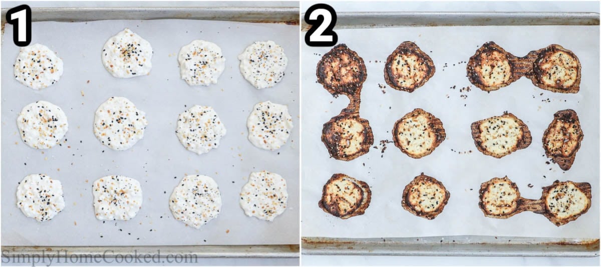 Steps to make Cottage Cheese Chips: dollop the cottage cheese on a parchment lined baking sheet, flatten it, then add bagel seasoning, and bake until golden brown.