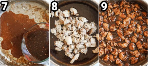 Steps to make Teriyaki Chicken: heat and thicken the sauce, then add the cooked chicken.