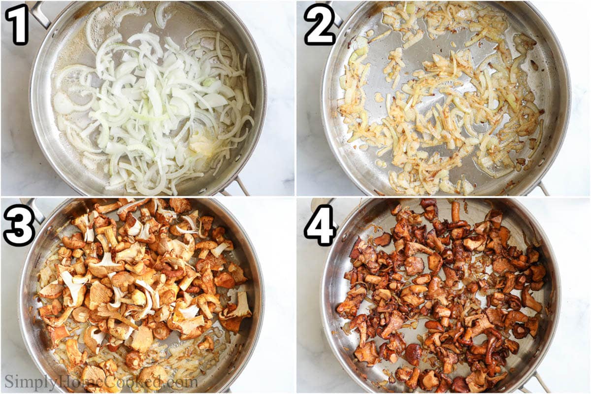 Steps to make Sauteed Chanterelle Mushrooms: melt the butter, then saute the onions in it, then add the mushrooms and brown, seasoning with salt.