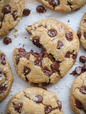 Brown Butter Chocolate Chip Cookies, one split open.