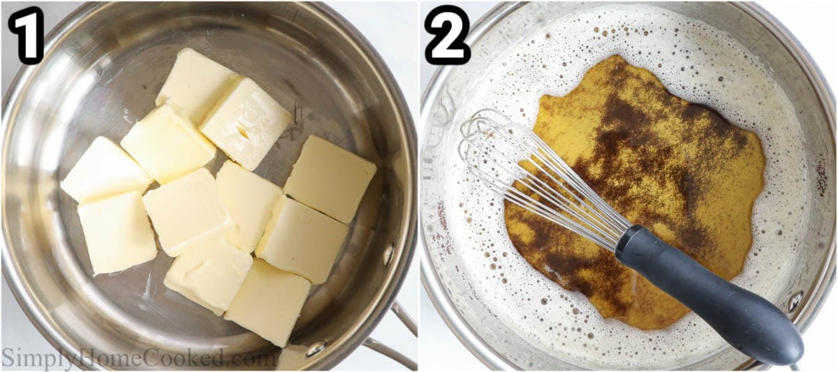 Steps to make Brown Butter Chocolate Chip Cookies: brown the butter while stirring with a whisk until foamy and butter solids are at the bottom.