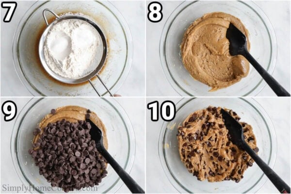 Steps to make Brown Butter Chocolate Chip Cookies: sift the flour into the wet ingredients bowl, then fold everything in until just combined, then add the chocolate chips.