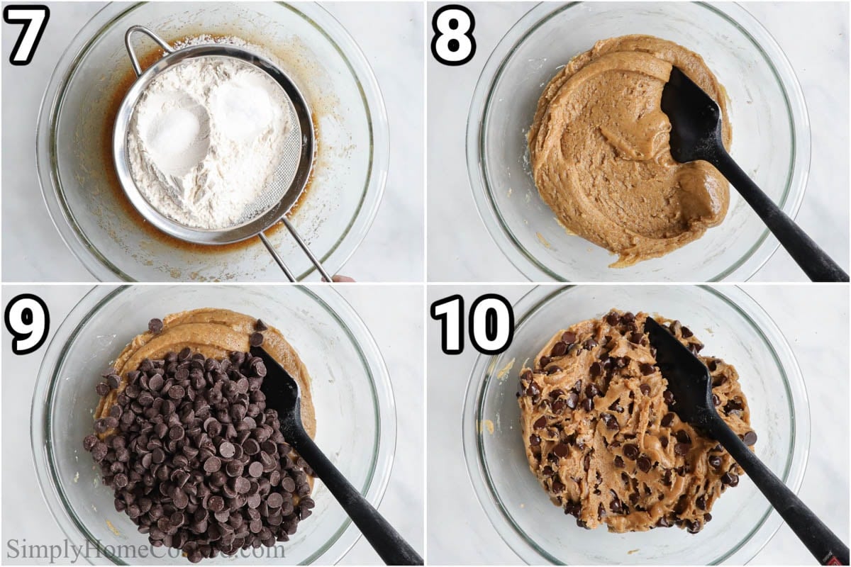 Steps to make Brown Butter Chocolate Chip Cookies: sift the flour into the wet ingredients bowl, then fold everything in until just combined, then add the chocolate chips.