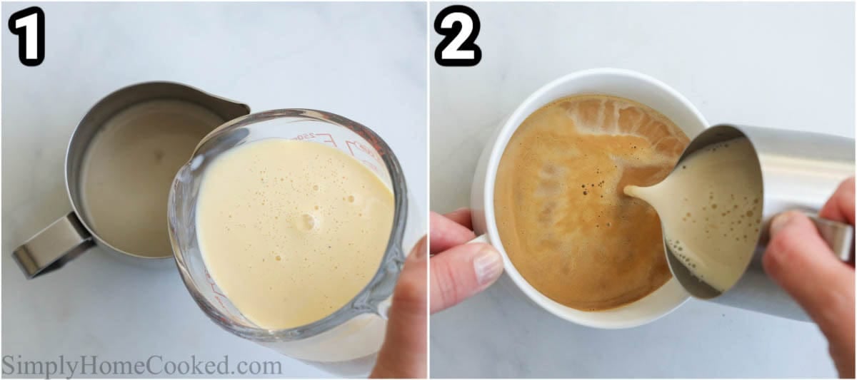Steps to make Eggnog Latte: make the espresso, froth the milk and eggnog together, then combine.