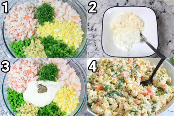 How to make Crab Salad: combine the crab, shrimp, eggs, green onion, and dill, then mix the sour cream and mayonnaise, and then combine the dressing with the salad ingredients.