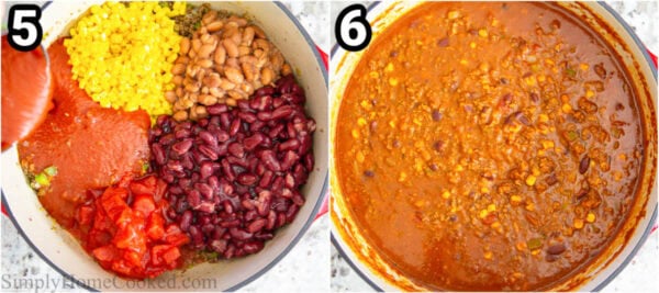 Steps to make Easy Beef Chili: add the corn, pinto beans, kidney beans, tomato sauce, and diced tomatoes to the chili, and simmer.