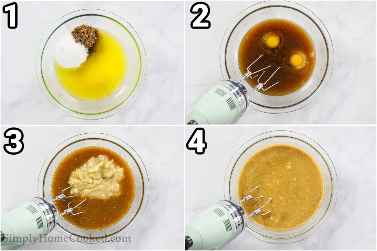 Steps to make Chocolate Cip Banana Bread: cream the butter and sugars with an electric mixer, then add the vanilla and eggs.