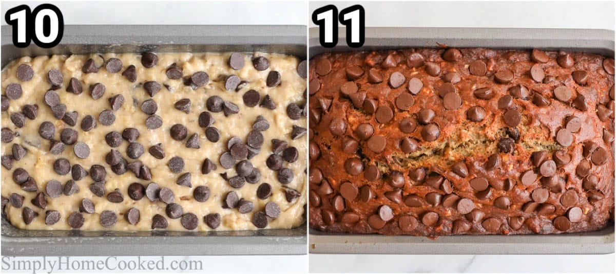 Steps to make Chocolate Cip Banana Bread: add chocolate chips on top and then bake.