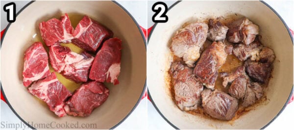 Steps to make Shredded Beef Tacos: sear the beef pieces in a dutch oven until browned.